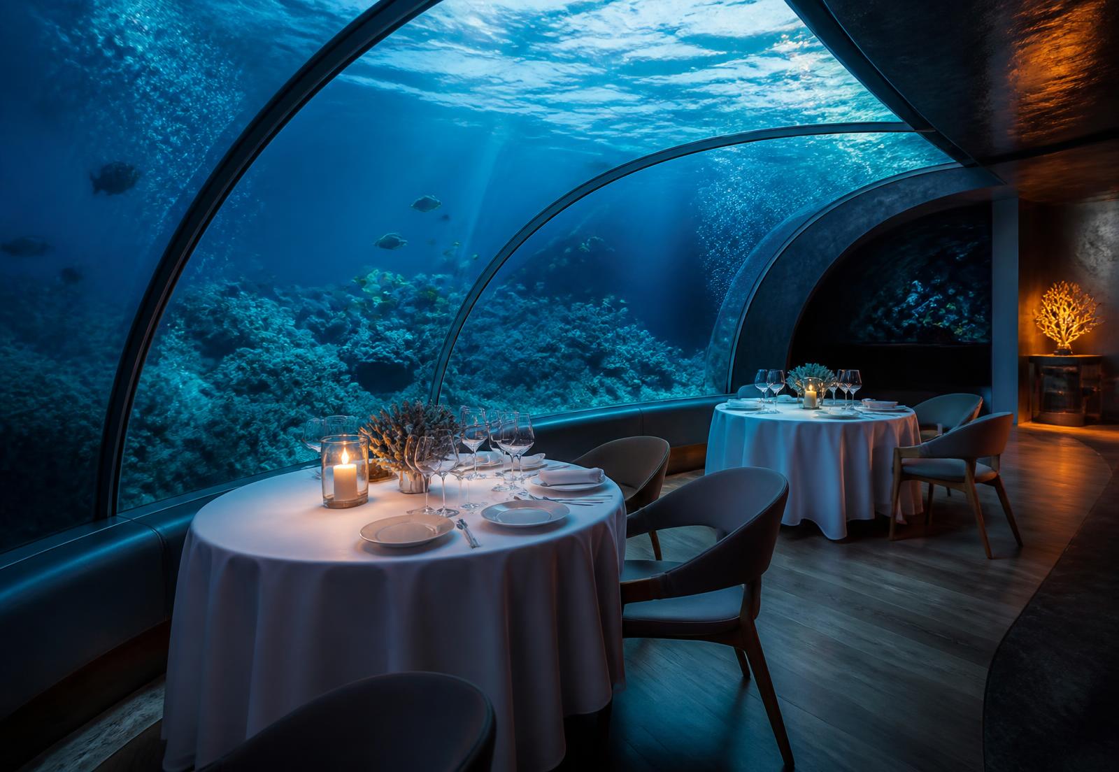 Underwater dining room surrounded by reef