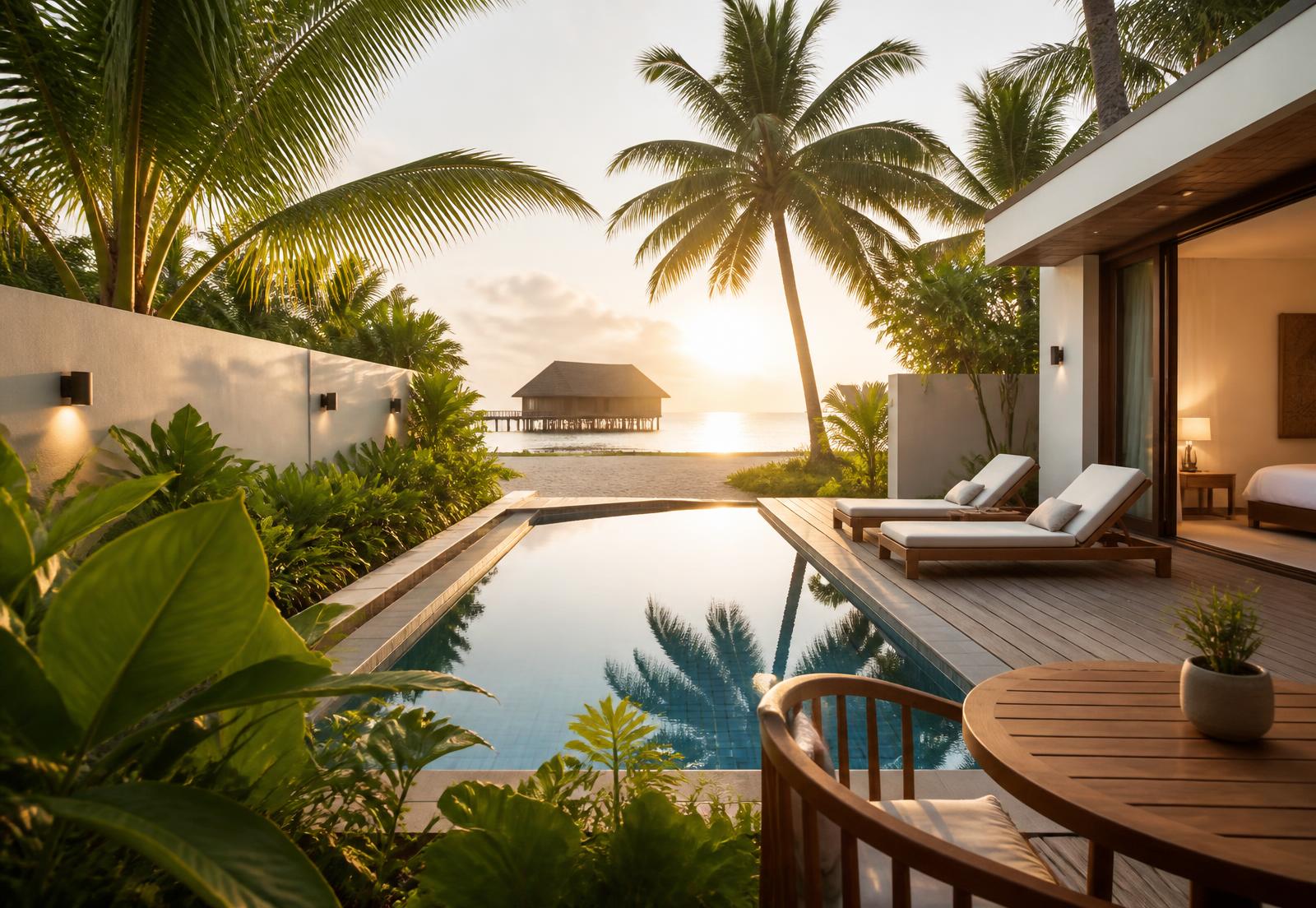 Private pool villa within tropical greenery at sunrise